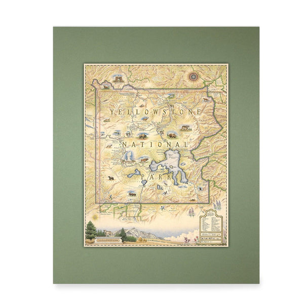 Yellowstone National Parks Mini-Map by Xplorer Maps in earth tones beige and yellow. The map features illustrations of places such as Yellowstone Lake, Old Faithful, and Roosevelt Tower. Flora and fauna include mountain lions, world, grizzly bears, fireweed, and lupine.