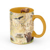 Yellow 16 oz Yellowstone National Park Map Ceramic Mug. The map features illustrations of places such as Yellowstone Lake, Old Faithful, and Roosevelt Tower. Flora and fauna include mountain lions, wolves, grizzly bears, fireweed, and lupine. 