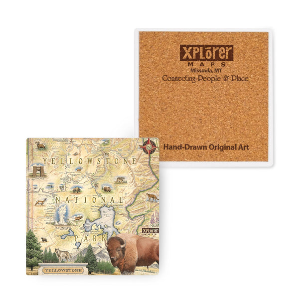 4"x4" Yellowstone National Park Map Ceramic Coasters by Xplorer Maps. The map features illustrations of places such as Yellowstone Lake, Old Faithful, and Roosevelt Tower. Flora and fauna include mountain lions, world, grizzly bears, fireweed, and lupine.