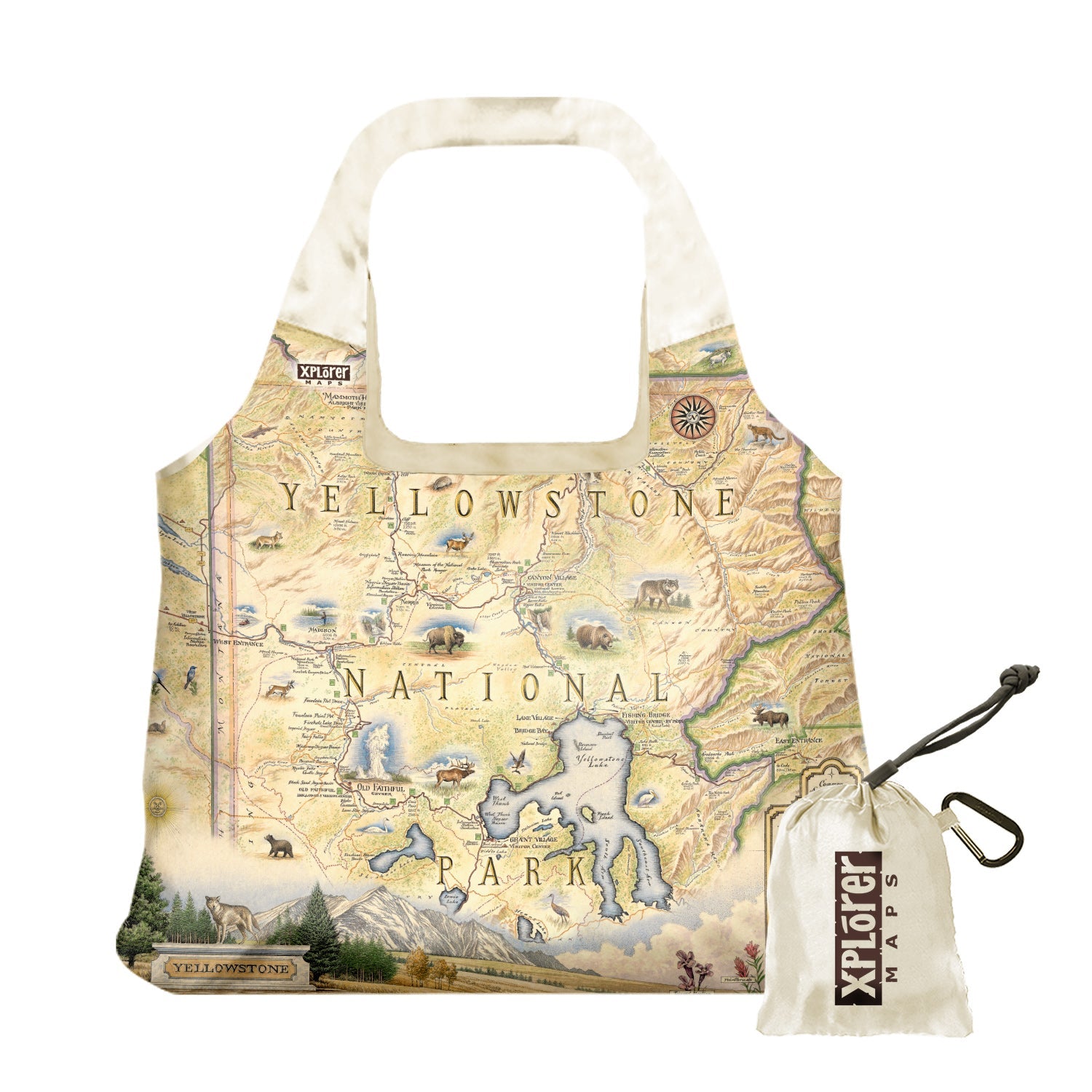 Yellowstone National Park Map Pouch Tote Bags by Xplorer Maps. The map features illustrations of places such as Yellowstone Lake, Old Faithful, and Roosevelt Tower. Flora and fauna include mountain lions, world, grizzly bears, fireweed, and lupine.