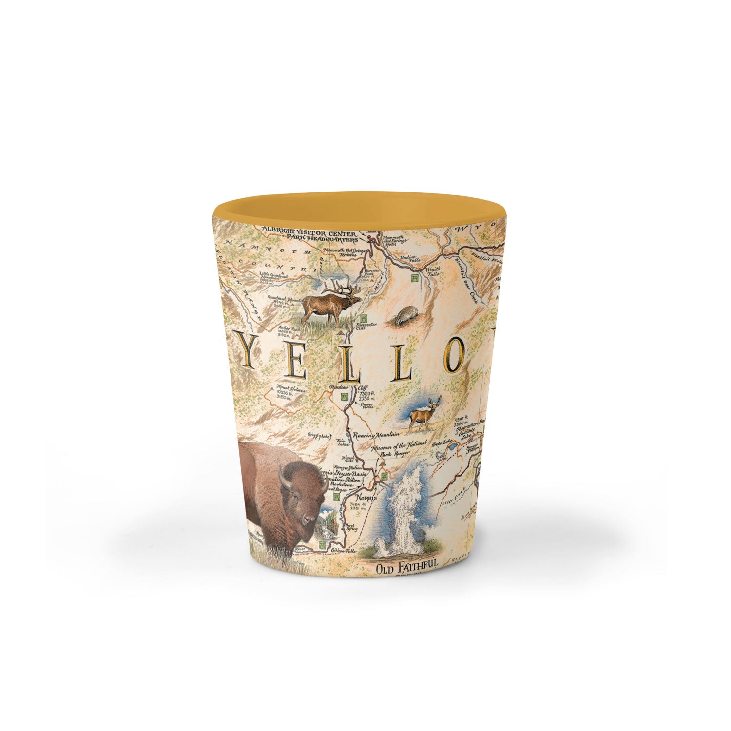 Yellowstone National Park Map Ceramic shot glass by Xplorer Maps. The map features illustrations of places such as Yellowstone Lake, Old Faithful, and Roosevelt Tower. Flora and fauna include mountain lions, world, grizzly bears, fireweed, and lupine.