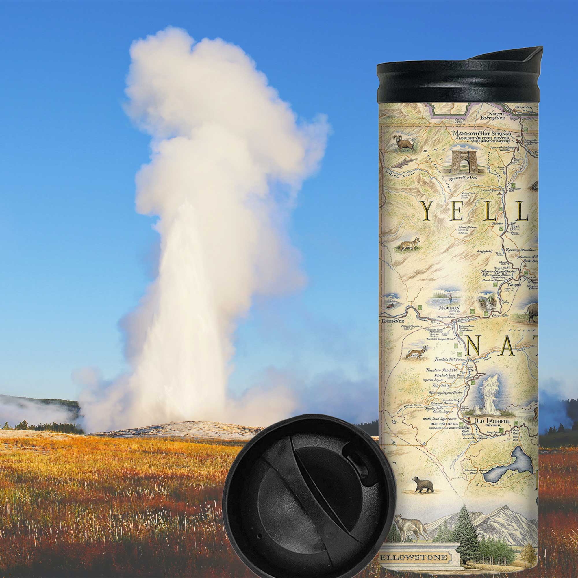 Yellowstone National Park Map Travel thermos mug in front of Old Faithful. Features illustrations of places such as Yellowstone Lake, Old Faithful, and Roosevelt Tower. Flora and fauna include mountain lions, world, grizzly bears, fireweed, and lupine.