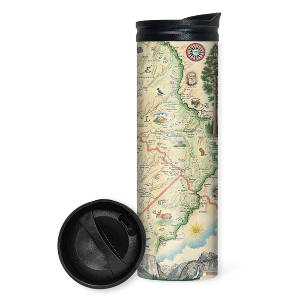Yosemite National Park Map 16 oz Travel Drinkware. The map features illustrations of places such as Vernall Falls, El Capitan, and Half Dome. Flora and fauna include mule deer, Indian paintbrush, grey owl, coyote, and a black bear with her cubs. Other illustrations include John Muir, mountain climbing, hiking, and Ansel Adams. 