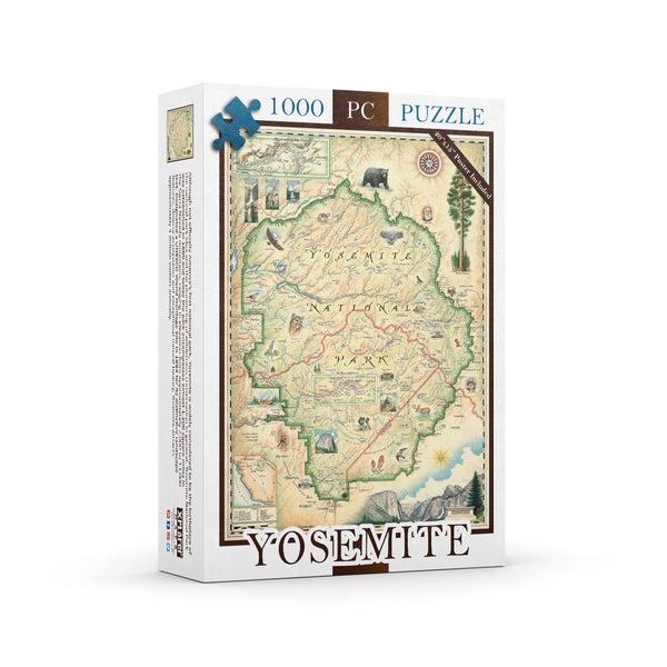 Yosemite National Park Map Jigsaw Puzzle by Xplorer Maps. features illustrations of places such as Vernall falls, El Capitan, and Half Dome. Flora and fauna include mule deer, Indian paintbrush, grey owl, and coyote. Other illustrations include John Muir, mountain climbing, hiking, and Ansel Adams. 