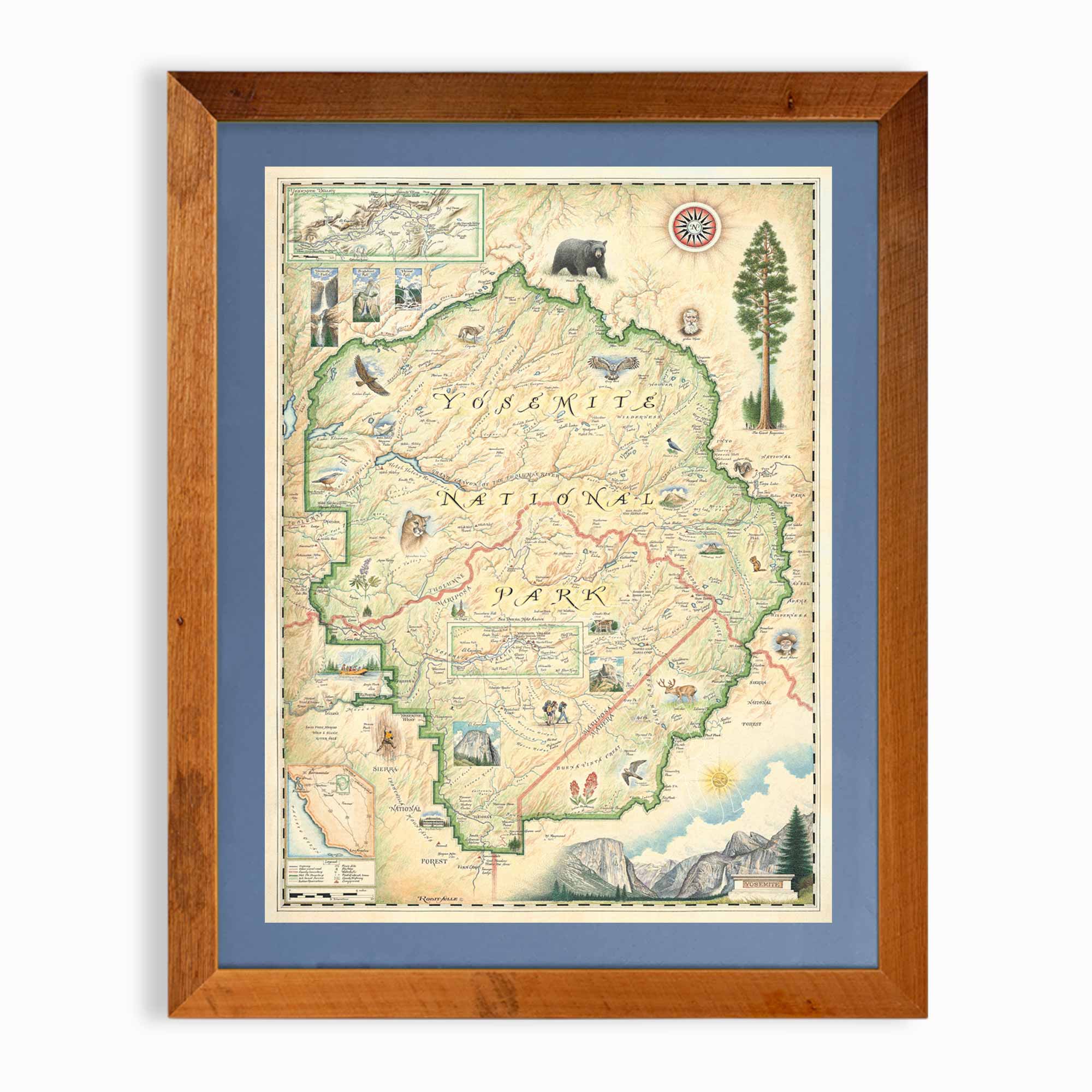 Yosemite National Park hand-drawn map in earth tones blues and greens. The map print is framed in reclaimed Montana Flathead Lake Larch with a blue mat. 