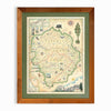 Yosemite National Park hand-drawn map in earth tones blues and greens. The map print is framed in reclaimed Montana Flathead Lake Larch with a green mat.