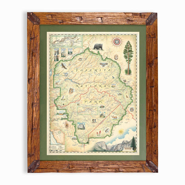 Yosemite National Park hand-drawn map in earth tones blues and greens. The map print is framed in Montana hand-scraped pine with a green mat.