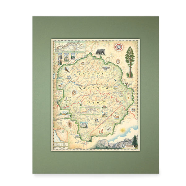 Yosemite National Park Mini-Map by Xplorer Maps in earth tones beige and green. The map features illustrations of places such as Vernall Falls, El Capitan, and Half Dome. Flora and fauna include mule deer, Indian paintbrush, grey owl, and coyote. Other illustrations include John Muir, mountain climbing, hiking, and Ansel Adams. 
