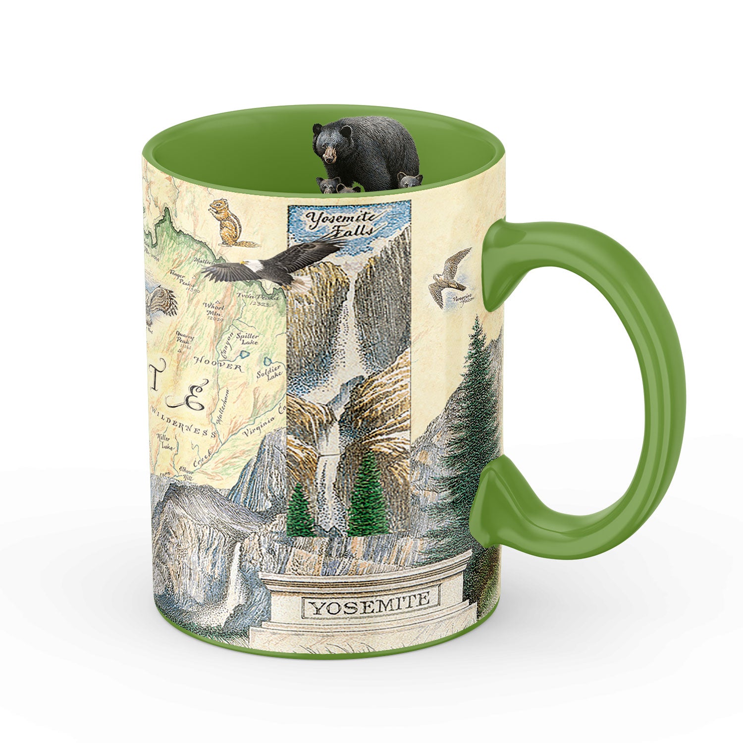 Green 16 oz Yosemite National Park Ceramic Mug. The map features illustrations of places such as Vernall Falls, El Capitan, and Half Dome. Flora and fauna include black bear and cubs, mule deer, Indian paintbrush, grey owl, and coyote. Other illustrations include John Muir, mountain climbing, hiking, and Ansel Adams. 