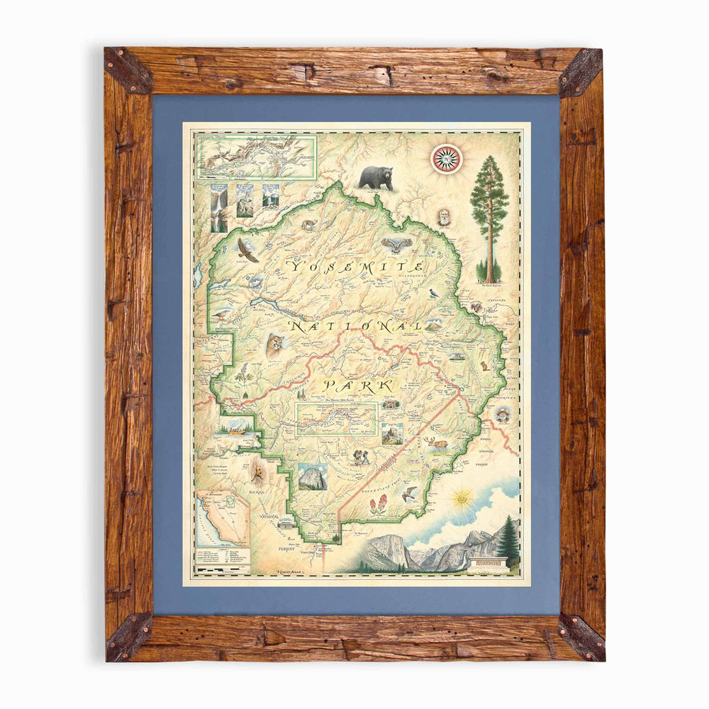 Yosemite National Park hand-drawn map in earth tones blues and greens. The map print is framed in Montana hand-scraped pine with a blue mat.