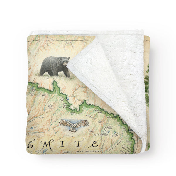 Yosemite National Park map, hand drawn and painted, on a cozy fleece blanket.