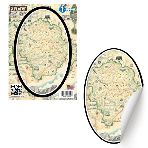Yosemite National Park Map Sticker by Xplorer Maps. The shot is sitting on the grass. Features illustrations of places such as Vernall Falls, El Capitan, and Half Dome. Flora and fauna include mule deer, Indian paintbrush, grey owl, coyote, and a black bear with her cubs. Other illustrations include John Muir, mountain climbing, hiking, and Ansel Adams. 