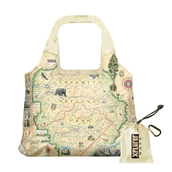 Yosemite National Park Map Pouch Tote Bags by Xplorer Maps. The map features illustrations of places such as Vernall Falls, El Capitan, and Half Dome. Flora and fauna include mule deer, Indian paintbrush, grey owl, and coyote. Other illustrations include John Muir, mountain climbing, hiking, and Ansel Adams. 