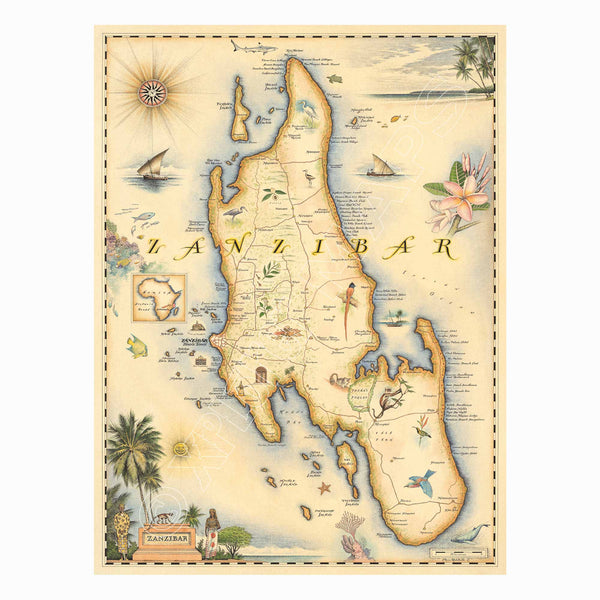 Africa's Zanzibar hand-drawn map in earth tones. The map features illustrations of flora and fauna such as cloves, coral reef, and whale. Measures 18x24.