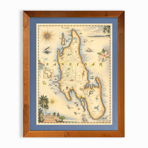 Africa's Zanzibar hand-drawn map in earth tones blues and greens. The map print is framed in reclaimed Montana Flathead Lake Larch with a blue mat. 