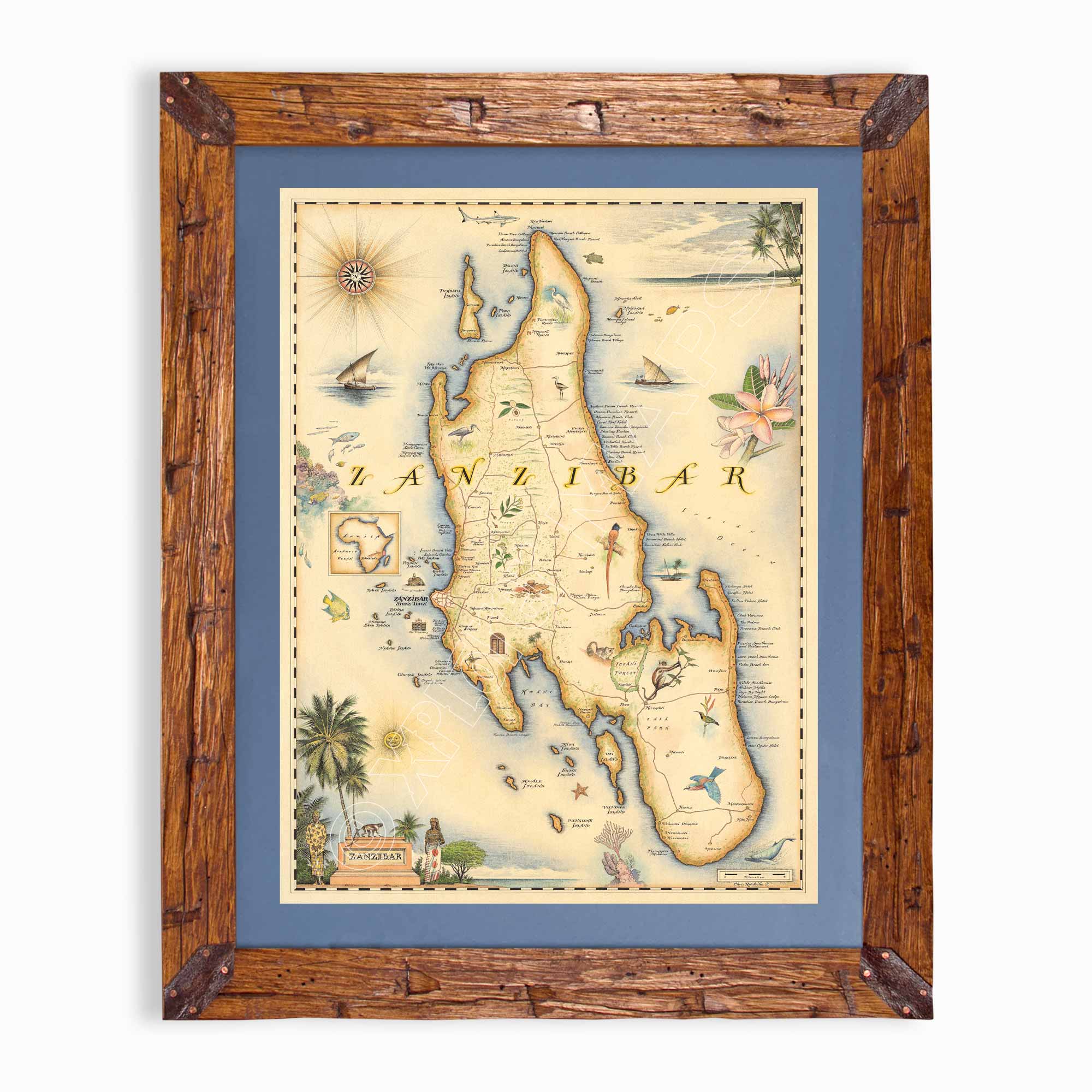Africa's Zanzibar hand-drawn map in earth tones blues and greens. The map print is framed in Montana hand-scraped pine with a blue mat.