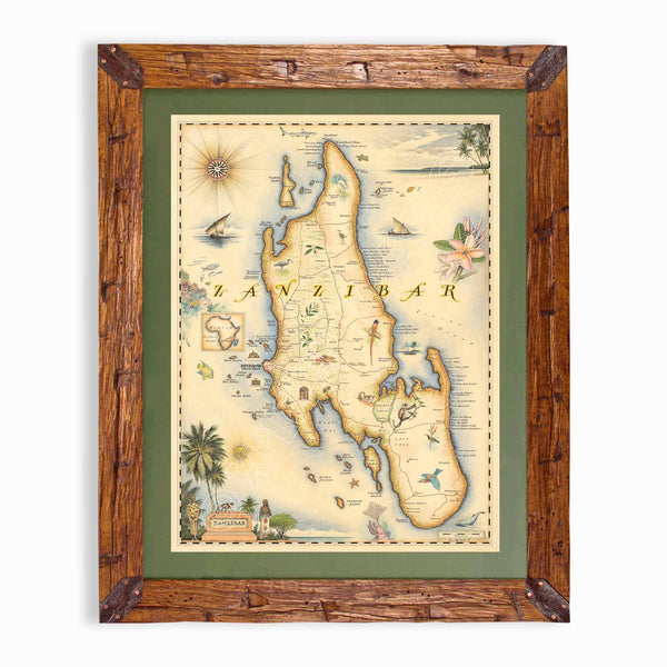 Africa's Zanzibar hand-drawn map in earth tones blues and greens. The map print is framed in Montana hand-scraped pine with a green mat.