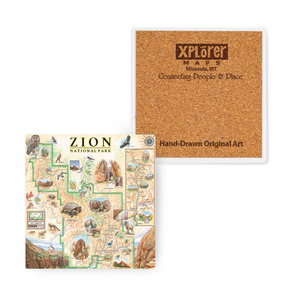 4"x4" Zion National Park Map Ceramic Coasters by Xplorer Maps. The map features illustrations of Angels Landing, Weeping Rock, The Narrows, and Kolob Canyon. Flora and fauna include Mojave desert tortoise, western columbine, and desert marigold. 