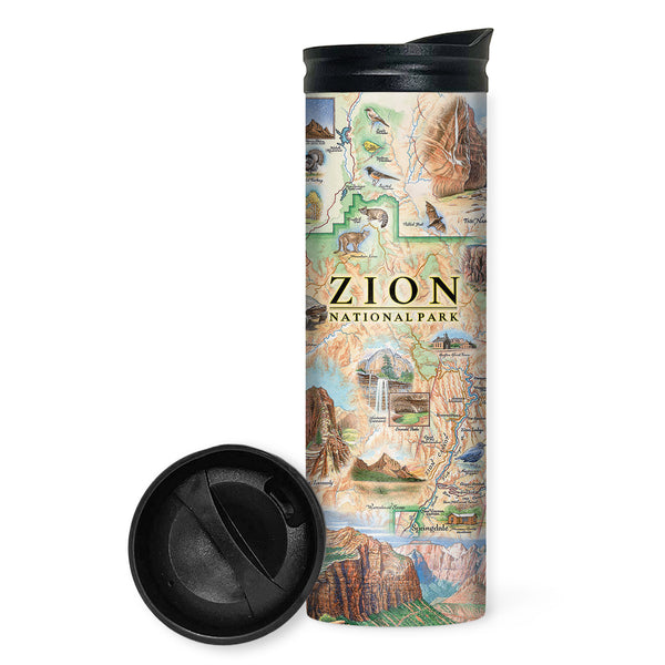 Zion National Park Map 16 oz Travel Drinkware. The map features illustrations of Angels Landing, Weeping Rock, The Narrows, and Kolob Canyon. Flora and fauna include Mojave desert tortoise, western columbine, and desert marigold. 