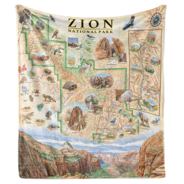 Beautiful map of Zion National Park on a large fleece blanket.