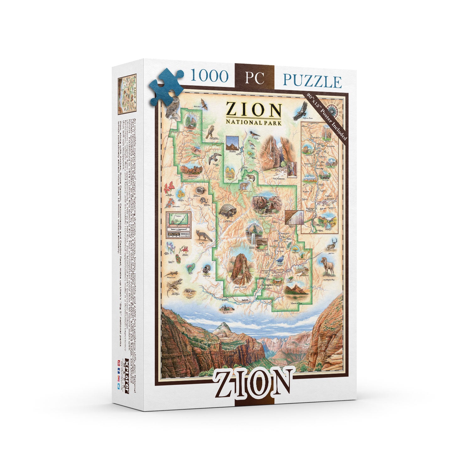 Zion National Park Map Jigsaw Puzzle by Xplorer Maps. The map features illustrations of Angels Landing, Weeping Rock, The Narrows, and Kolob Canyon. Flora and fauna include Mojave desert tortoise, western columbine, and desert marigold.