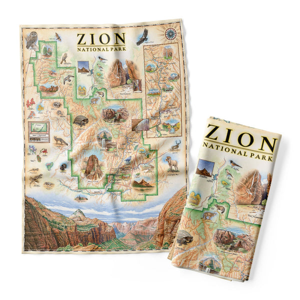 Zion National Parks Map Kitchen Towels in beige, brown, and orange earth tones. Features illustrations of Angels Landing, Weeping Rock, The Narrows, and Kolob Canyon. Flora and fauna include Mojave desert tortoise, western columbine, and desert marigold.