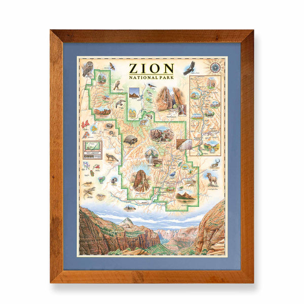 Zion National Park hand-drawn map in earth tones blues and greens. The map print is framed in reclaimed Montana Flathead Lake Larch with a blue mat. 