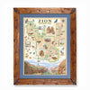 Zion National Park hand-drawn map in earth tones blues and greens. The map print is framed in Montana hand-scraped pine with a blue mat.