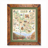 Zion National Park hand-drawn map in earth tones blues and greens. The map print is framed in Montana hand-scraped pine with a green mat.