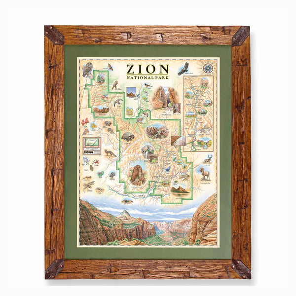 Zion National Park hand-drawn map in earth tones blues and greens. The map print is framed in Montana hand-scraped pine with a green mat.