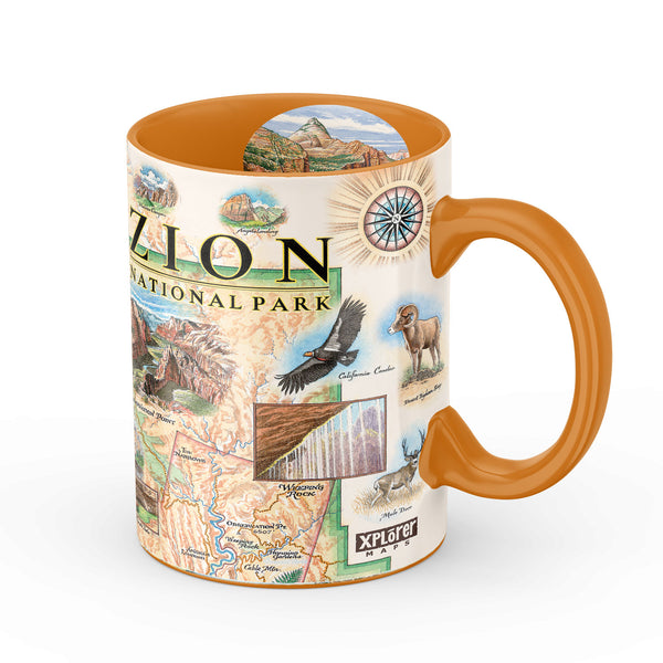Orange 16 oz Zion National Park Map Ceramic Mug. The map features illustrations of Angels Landing, Weeping Rock, The Narrows, and Kolob Canyon. Flora and fauna include Mojave desert tortoise, western columbine, and desert marigold. 
