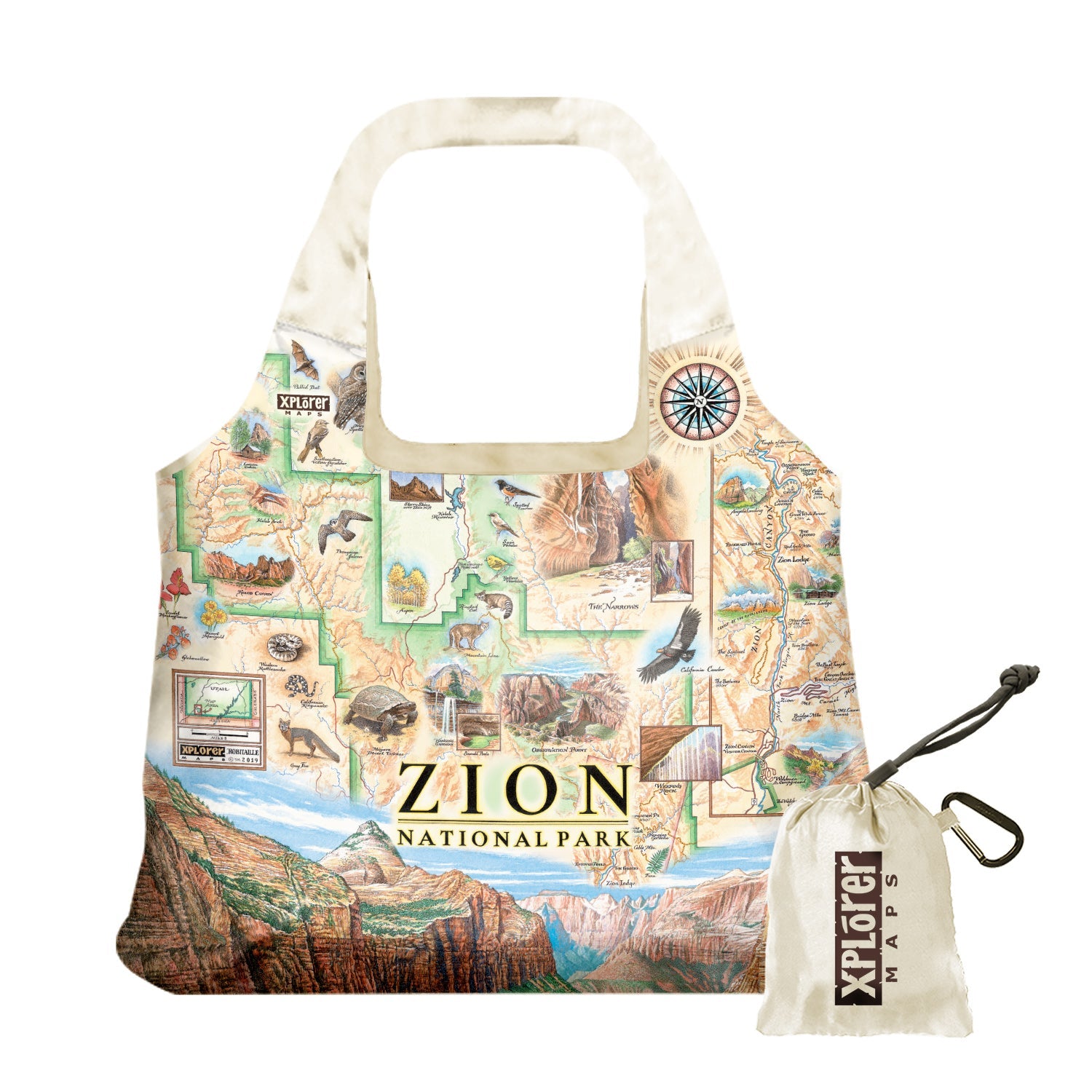 Zion National Park Map Pouch Tote Bags by Xplorer Maps. The map features illustrations of Angels Landing, Weeping Rock, The Narrows, and Kolob Canyon. Flora and fauna include Mojave desert tortoise, western columbine, and desert marigold. 