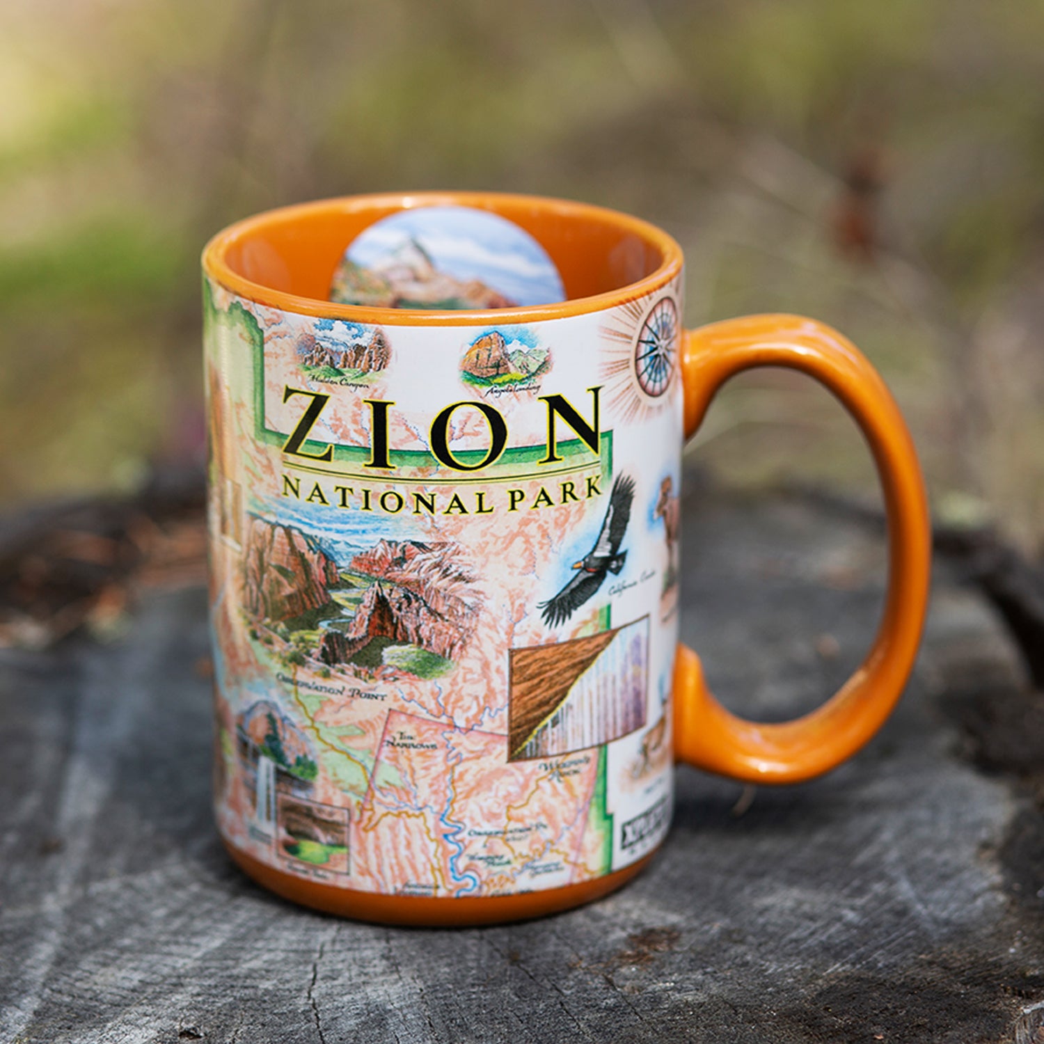 Orange 16 oz Zion National Park ceramic coffee mug with handle sitting on a log in a forest.  