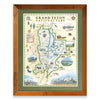 Grand Teton National Park framed hand-drawn map. The print is framed in  Montana's Flathead Lake Larch with a green mat. 