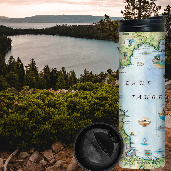 Lake Tahoe Travel coffee mug sitting on a mountain cliff over looking Lake Take. The map features the land's topography along with the area's flora and fauna, such as Emerald Bay, Cove Rock, Thunderbird Lodge, and Cal Neva Lodge & Resort.  